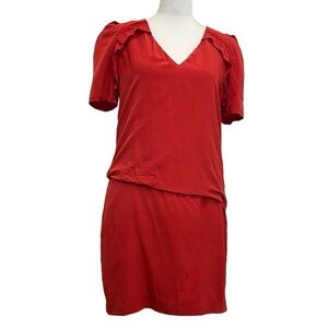 Maje Red Silk Short Sleeve Retro Layered Style Cocktail Mini Dress